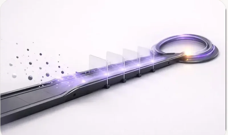 Scattered data points carried along a conveyor into a glowing purple search lens